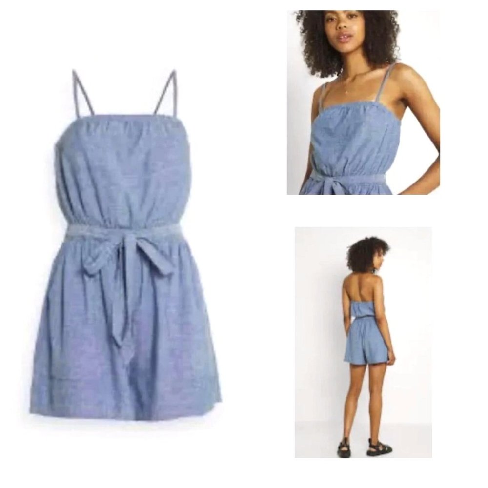 American Eagle chambray linen blend denim colored strapless romper Size Large